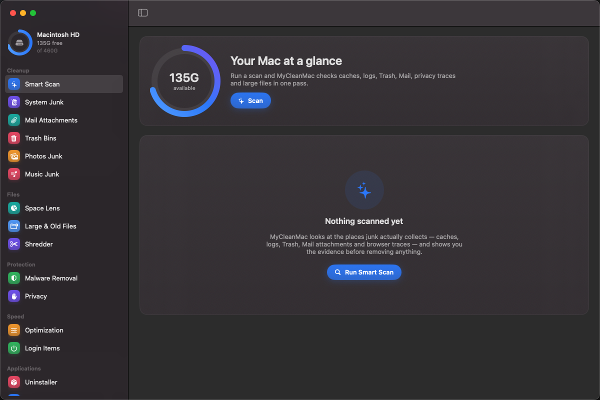 MyCleanMac Smart Scan showing available disk space and a single-pass cleanup