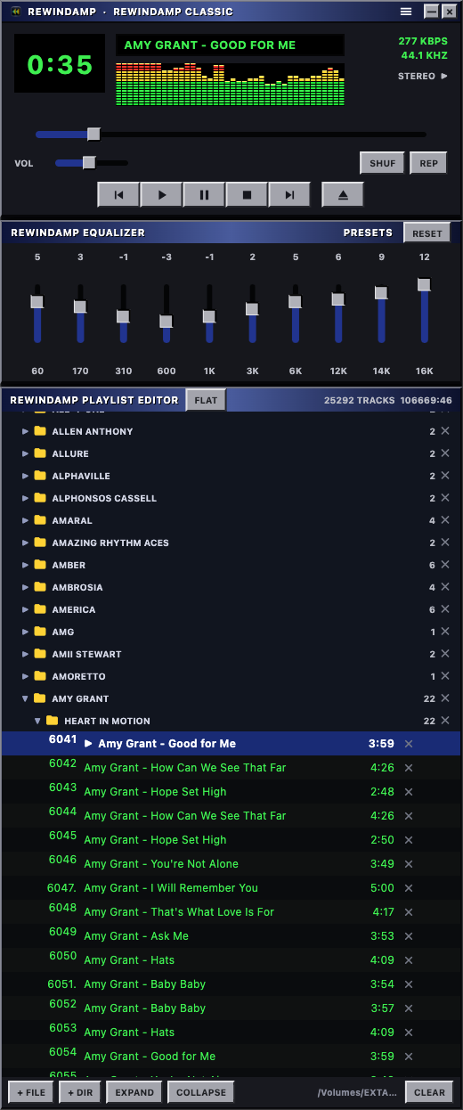 RewindAmp playing music with its equalizer and collapsible folder library
